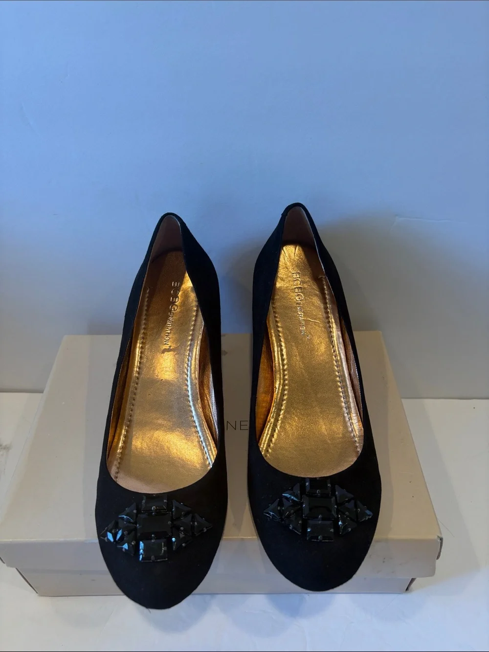 BCBGeneration Black Suede Wedge Pumps with Gem Accents